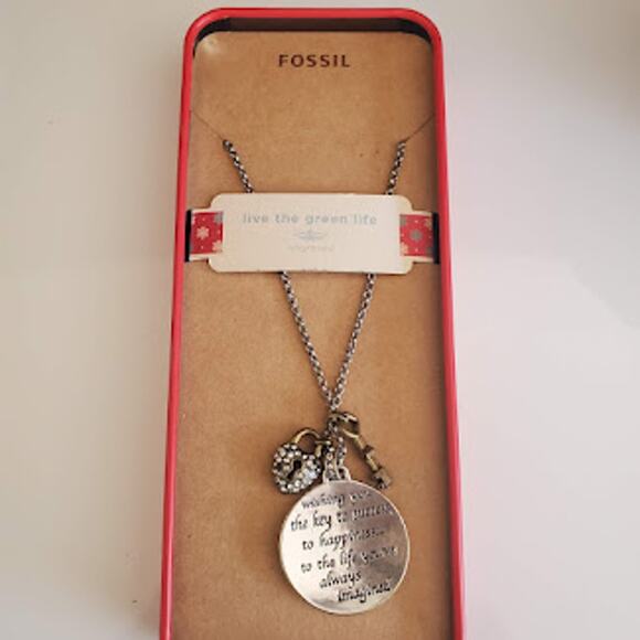 Fossil Necklace with 2 Charms Wishing You The Key to Success Silver Tone NWOT - Picture 2 of 5
